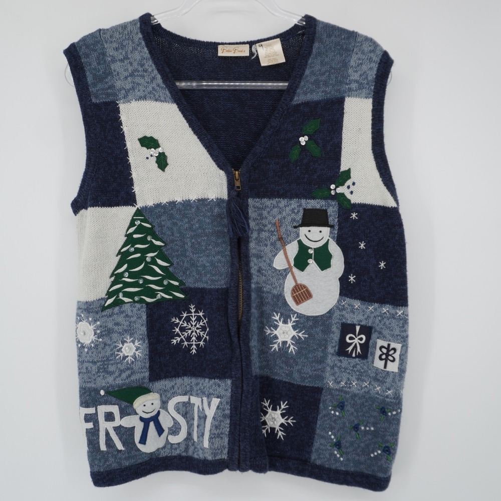 Bobbie Brooks Women Medium Christmas Sweater Vest Snowman‎ Zip Embroidered